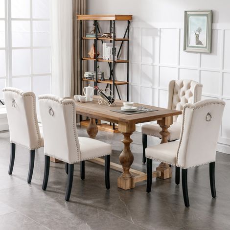Chaise velours beige avec piètement chêne - Tête cloutée et bouton - Accoudoirs chromés - Lot de 4 (1/5)