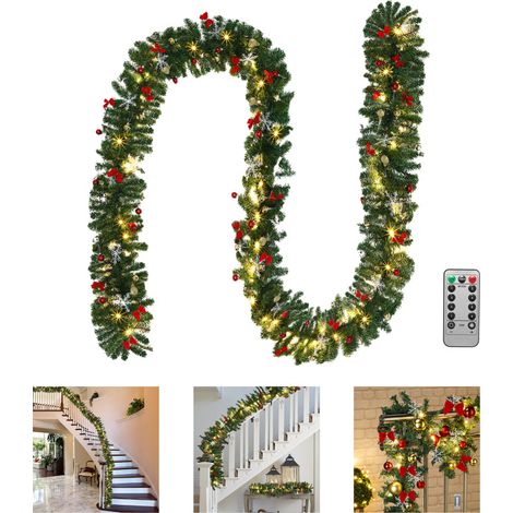 Jiubiaz Ghirlanda natalizia Decorazione natalizia per pareti, caminetti e scale 5 m decorata con 100 LED e ornamenti con telecomandi (1/5)