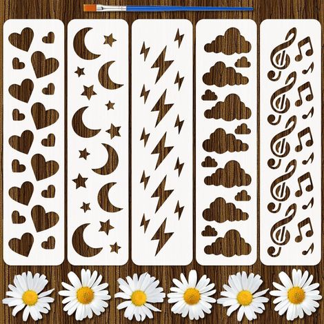 5 Pcs Pochoir de Bordure Météo avec Pinceau 7,5x30cm Gabarit de Dessin Lune Étoile Coeur Amour Nuages Notes de Musique Pochoir Gabarit de Thème de Bordure pour Décoration Murale (1/5)