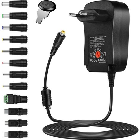 Chargeur Universel avec 12 Embout, AC/DC Universal Adapter avec fiches USB-C, Adaptateur Transformateur d'alimentation DC 6V/9V/12V/15V/18V/20V/24V, pour l'électronique Domestique - 2A Max (1/5)