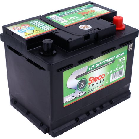 Stecopower – Batterie Stop and Start 12 V 60 Ah 680 A – SKU 102 – Technologie AGM pour véhicules avec fonction Stop/Start – Dimensions 242x175x190 mm