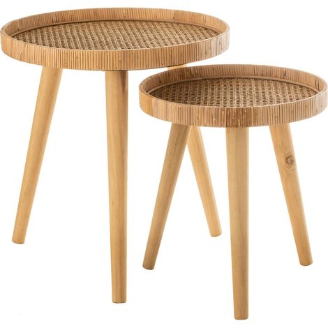 Lot de 2 tables d'appoint rondes 51 et 40 cm en sapin et rotin (1/5)