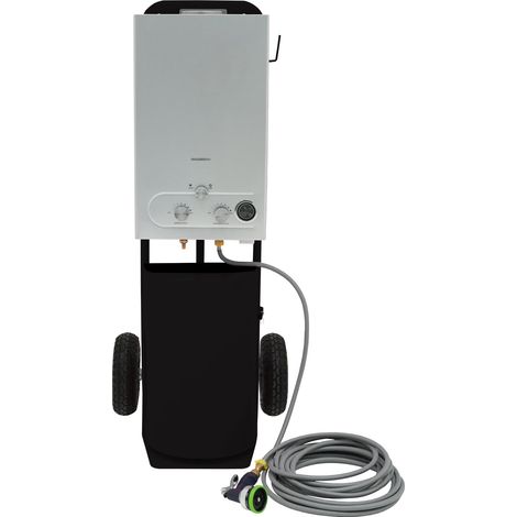 DUCHA PORTÁTIL PARA CABALLOS A GAS NEGRA Carrito con Neumáticos de 10" Acero Tanque 18L Temperatura hasta 75° Manguera de 10m Pistola Pulverizadora de 9 Patrones ACCESORIOS INCLUÍDOS (1/5)