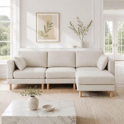 Canapé d’angle 235x152x78 cm beige en polyester avec pouf modulable et pieds en bois (1/5)