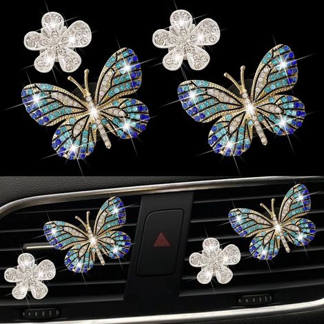 Lot de 4 désodorisants à clipser pour grille d'aération de voiture, en forme de papillon, de marguerite et de cristal scintillants. Accessoires de décoration intérieure pour voiture, bleu.