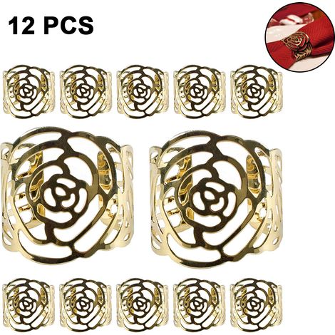 Juego de 12 servilleteros, con cuentas de cristal, acabado dorado, de metal, para bodas y cenas. (1/5)
