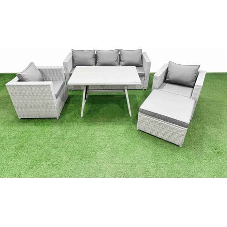Fimous 6 Pieces Outdoor PE Rattan Sofa Armchair Set Patio Garden Furniture Sets with Cushions Big Stool Light Grey (1/4)