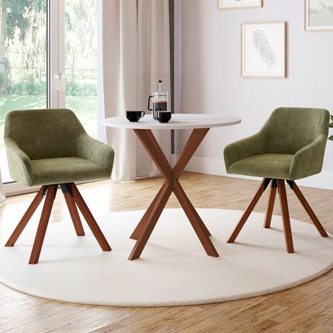 Lote de 2 sillas giratorias de comedor JANY y sillones de mesa en tela de chenilla verde con patas de nogal (1/5)