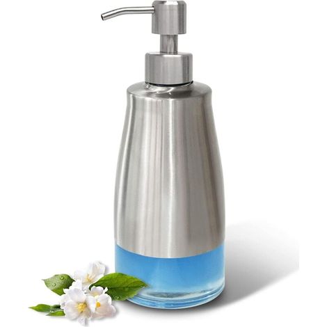 Distributeur de savon en verre et acier inoxydable - Distributeur de savon - Avec étiquettes - Rechargeable - Pour cuisine, salle de bain, bureau, hôtel (300 ml) (1/5)