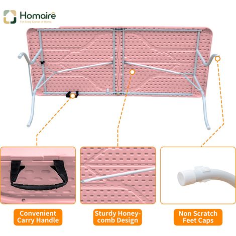 HOMAIRE Table pliante portable 180cm résistante avec poignée, multifonctionnelle pour camping, pique-niques, fêtes intérieur/extérieur, capacité 135KG rose