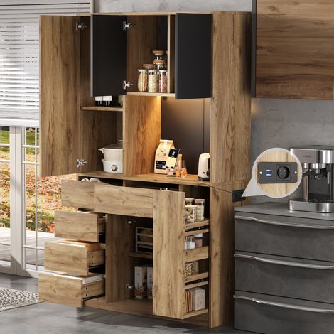 Credenza da cucina 185x105x40 cm con LED, porta USB/Type-C, MDF nero e naturale (1/5)