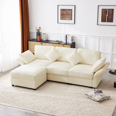 Canapé convertible 4 places, canapé en L, avec repose-pieds, 4 coussins, accoudoirs réglables, tissu chenille, canapé modulable du salon, beige (1/5)