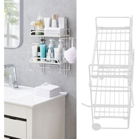 Étagère de toilette, sans perçage, murale, pliable, double couche, pour salle de bain et toilettes, blanche. (1/5)