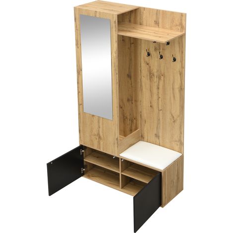 Ensemble de meuble d’entrée comprenant 5 patères, un miroir, un meuble à chaussures, une étagère supérieure avec compartiment dissimulé et un banc d’entrée pour le couloir. (1/5)