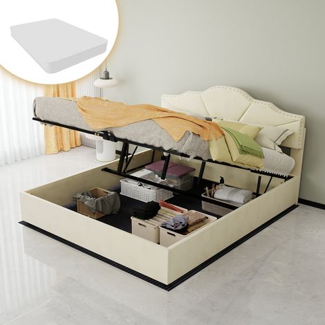 Lit moelleux moderne et minimaliste, tête de lit confortable et douce, 160200CM, beige, meuble de chambre multifonction, lit coffre haut avec vérin pneumatique, matelas 160200cm inclus
