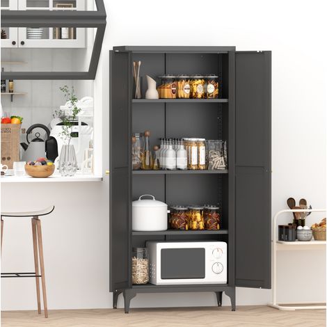 Buffet de rangement en métal 2 portes, 3 étagères réglables, pieds ajustables, pour cuisine, salon, 70×35×165 cm, noir (1/5)