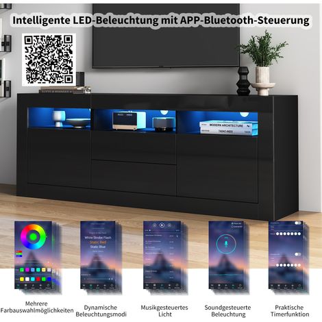1603560cm Hochglanz-TV-Schrank mit LED-Beleuchtung, 3 offenen Fächern, 2 Türen, 2 Schubladen, Smart App Steuerung, für 70-Zoll-Fernseher,Hochglanz-TV-Ständer (1/5)