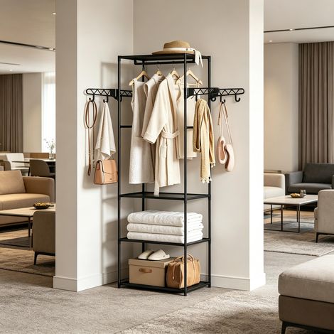 Armoire autoportante sur pied, porte-manteau ouvert avec étagères pour vêtements – rangement salle d’entrée, chambre, couloir (1/3)