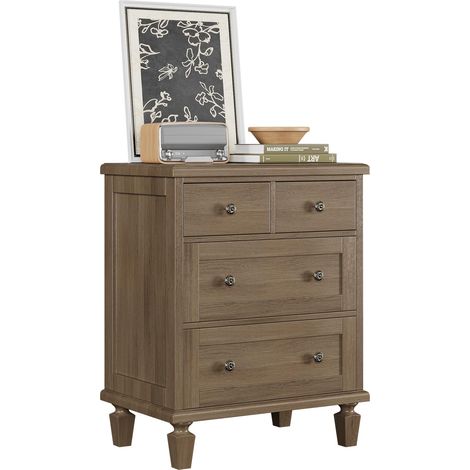 Commode Vintage 4 tiroirs en Bois Massif, Style mi-siècle, poignées sculptées, Pieds fuselés, Robuste pour Chambre, Finition élégante – Couleur : Clair Marron
