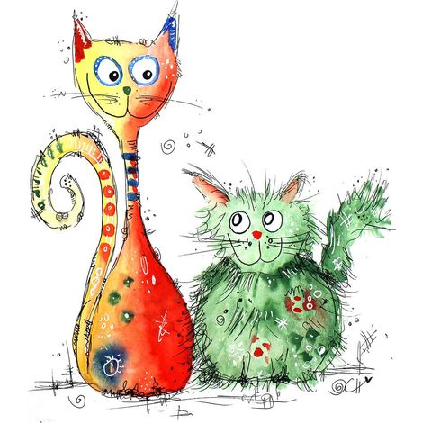 Tableau animaux multicolore pour chambre bébé | Tableau enfant chat vert & orange | Tableau sur toile animaux chambre de fille 0,5 x 0,7 m (1/2)