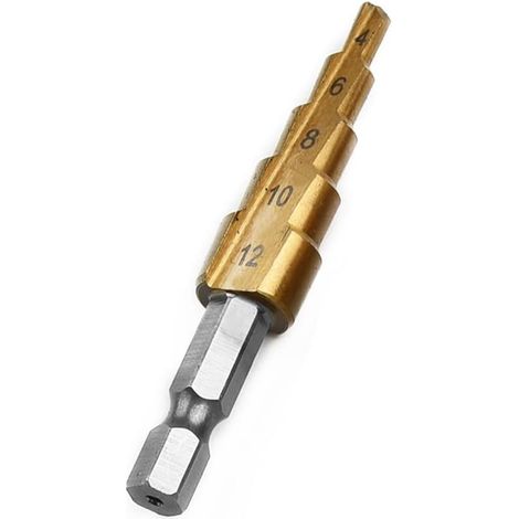 Juego de 3 brocas escalonadas HSS con vástago hexagonal de titanio, multifunción, cono de corte cónico de 4-20 mm/3-12 mm/4-12 mm, con estuche. (1/5)