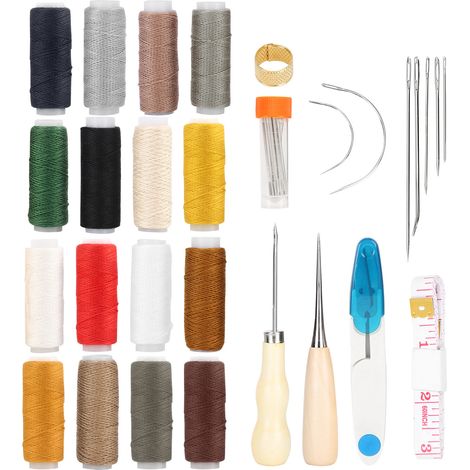Kit de couture cuir 48 pièces pour loisirs créatifs : aiguilles, poinçon, dé à coudre, fil et ciseaux. (1/5)