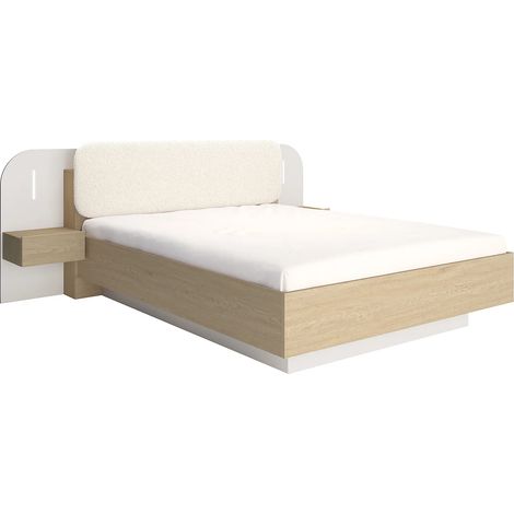 Vente-Unique – Lit avec chevets 160 x 200 cm – 2 tiroirs – Avec LEDs – Coloris beige et naturel – Éco-responsable – Fabrication européenne (1/5)