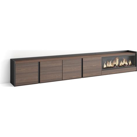 Skraut Home - Mobile TV Soggiorno, Ampio spazio a disposizione, 315x35x50cm, Per TV fino a 80", Camino elettrico XXL, Stile moderno, Rovere scuro e Nero (1/5)