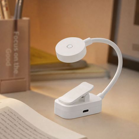 Lampada da lettura a LED ricaricabile tramite USB-C, con clip e base, 3 colori, 10 livelli di luminosità, flessibile, ideale per letto e scrivania. (1/4)