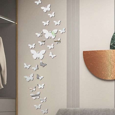36 Pièces Stickers Muraux Papillons Petit Miroir Mural, Stickers Miroir Papillon Acrylique Argent 3D Stikers Murals Papillon Decoration pour Salon Chambre Bureau, Couloir, Chambre d'enfant (1/5)