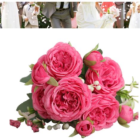 Roses persanes artificielles à cinq têtes, en bouquets de trois, parfaites pour les bouquets de mariée et la décoration intérieure du salon, rouge rose. (1/5)