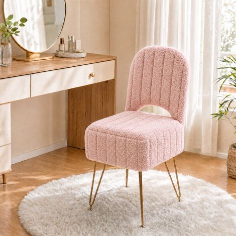 Pouf coiffeuse avec rangement et dossier rabattable, ottoman carré rembourré en tissu bouclé peluche, pieds métal doré – Rose – Taille L – peluche fleece (1/5)