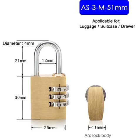 Cadenas de sécurité en laiton massif avec serrure à combinaison, adapté aux casiers, valises et tiroirs.