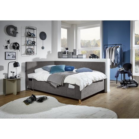 Meise Möbel Kinderbett Cool 140x200 cm Bettgestell Kopfteil & Rückenteil glatt Cordstoff Anthrazit Holzfuß eiche (1/5)