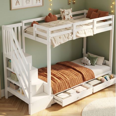 Lit superposé multifonction en bois massif blanc 90x200 cm avec canapé réglable, escalier de rangement et 2 tiroirs (1/5)