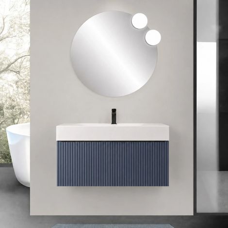 Mobile bagno sospeso 90 cm blu notte con un cassetto e lavabo alto in resina Nara (1/5)