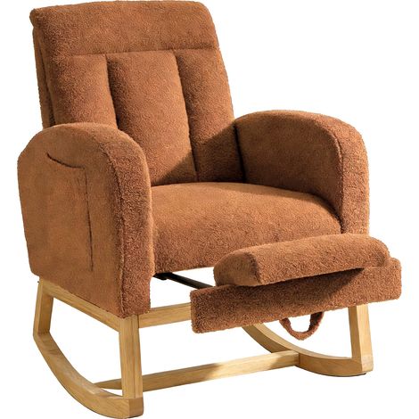 IDEALHOUSE Fauteuil à bascule d’allaitement glider ergonomique avec repose-pieds réglable - Dossier haut, assise large coussinée - Poche latérale, tissu nounours bouclé - Log legs nounours doux  Brown (1/5)