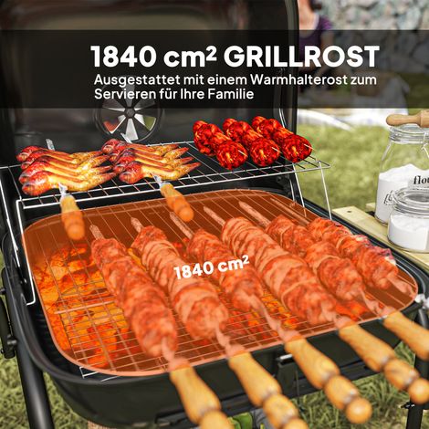 Barbecue au charbon de bois en acier, chariot avec couvercle verrouillable, grille de cuisson, roulettes, poignée, tablette en bois, 98 x 54 x 91 cm, noir (1/4)