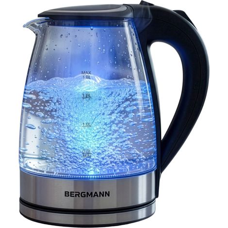 Hervidor el茅ctrico de vidrio BERGMANN ZH003 de 1,8 L, 2200 W, base de acero inoxidable, tapa con bot贸n N