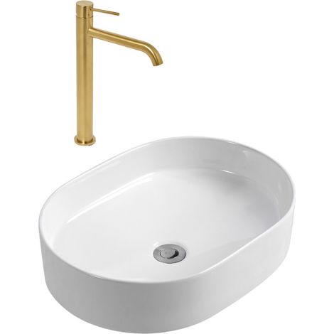 Aurum mitigeur lavabo haut 30,8 cm inox, or + PixL 50x36,5x12 cm vasque à poser, sans trop-plein, blanc (SAT285BGCEPX5037)