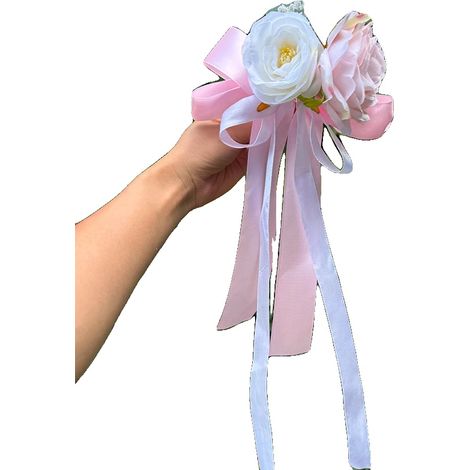 Decorazione per auto nuziale, rose artificiali bianche, nastro elegante, rosa a doppio stelo (1/2)