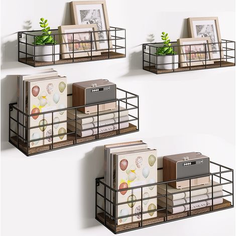 Set 4 Mensole da Parete Design Industrial Legno Noce Scaffalatura Scaffale Muro (1/5)