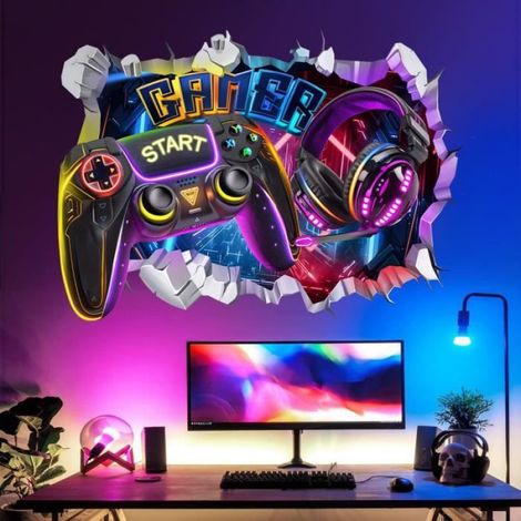 Sticker Mural - Gamer - 3D - Vinyle - 40 x 60 cm - Décoration Murale Enfant - 2 Feuilles (1/4)