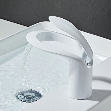 Robinet mitigeur de lavabo de salle de bain moderne mono cascade pour bassin de lavage - Blanc (1/5)