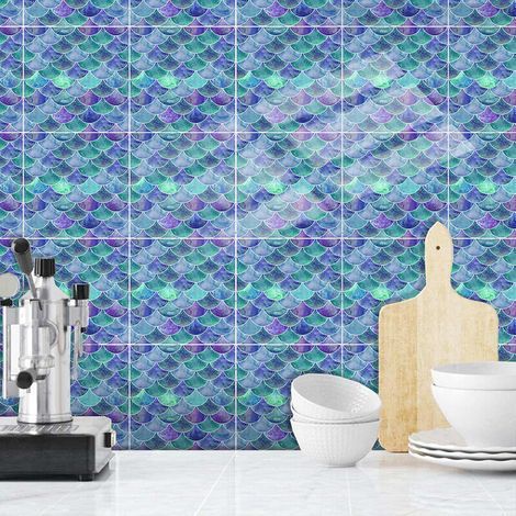 6 Pieces Dazzling Blue Fish Scale Tiles (15 x 15 cm) - Self Adhesive Tile Sticker for Kitchen, Living Room, Bathroom and Home Decor PVC (1/5)