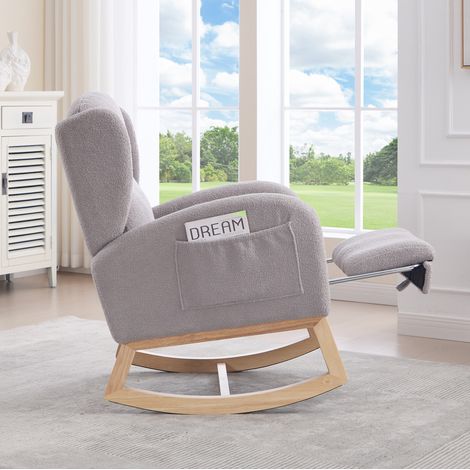 Poltrona a dondolo in tessuto Teddy grigio con poggiapiedi richiudibile, 122,5x70x104 cm (1/5)
