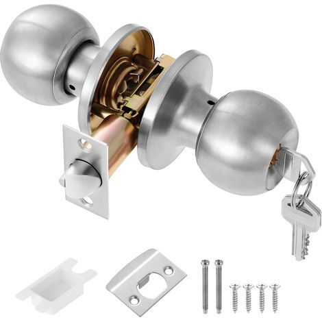 Bouton de Porte avec Serrure et Clé Poignée De Porte d'entrée pour Chambre à Coucher/Salle de Bain/bureau/Lieu de Travail (Argent) (1/4)