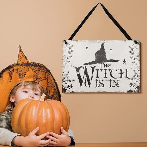 Décoration Halloween chapeau de sorcière en bois, panneau suspendu pour porte et fenêtre, 18x26cm, sachet (1/4)