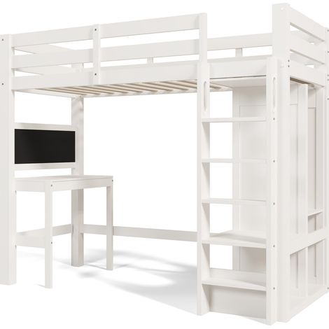 Lit mezzanine enfant avec bureau, armoire ouverte et étagères blanc 90x200 cm MODENUIT (1/5)