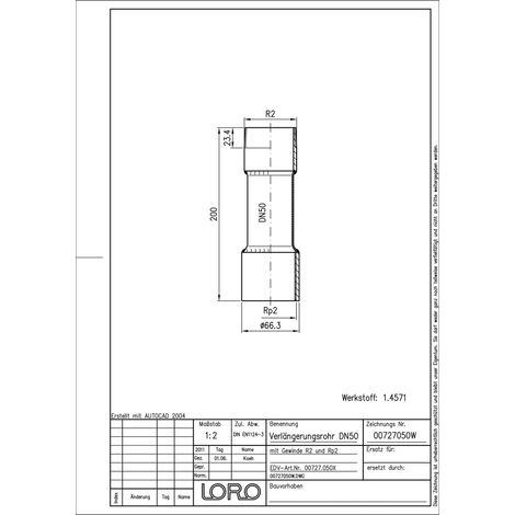 Loro-X-Verlängerungsrohr f.Füllstutzen 727X DN50 m.IG u.AG 2" (1/3)